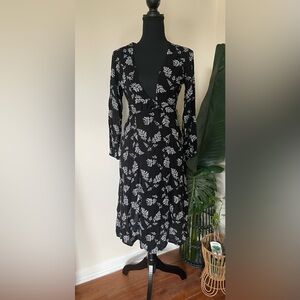 Black Long-Sleeve Floral Wrap Dress